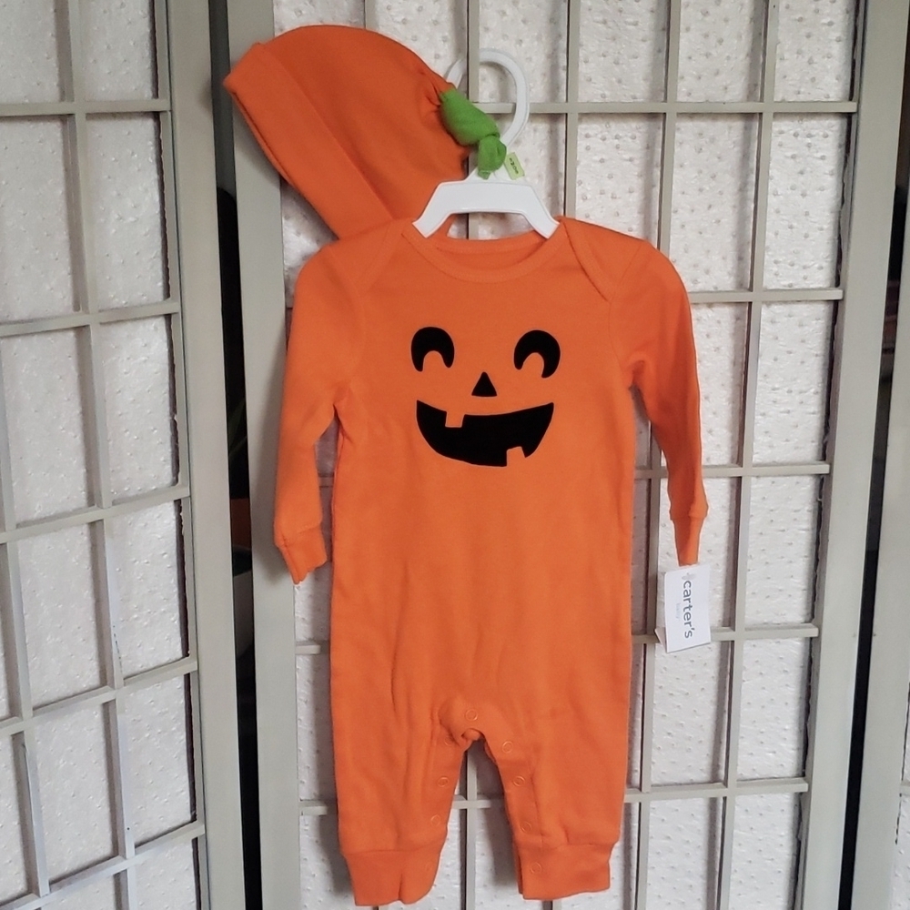 Carter's Halloween Pumpkin bodysuit with matching hat new